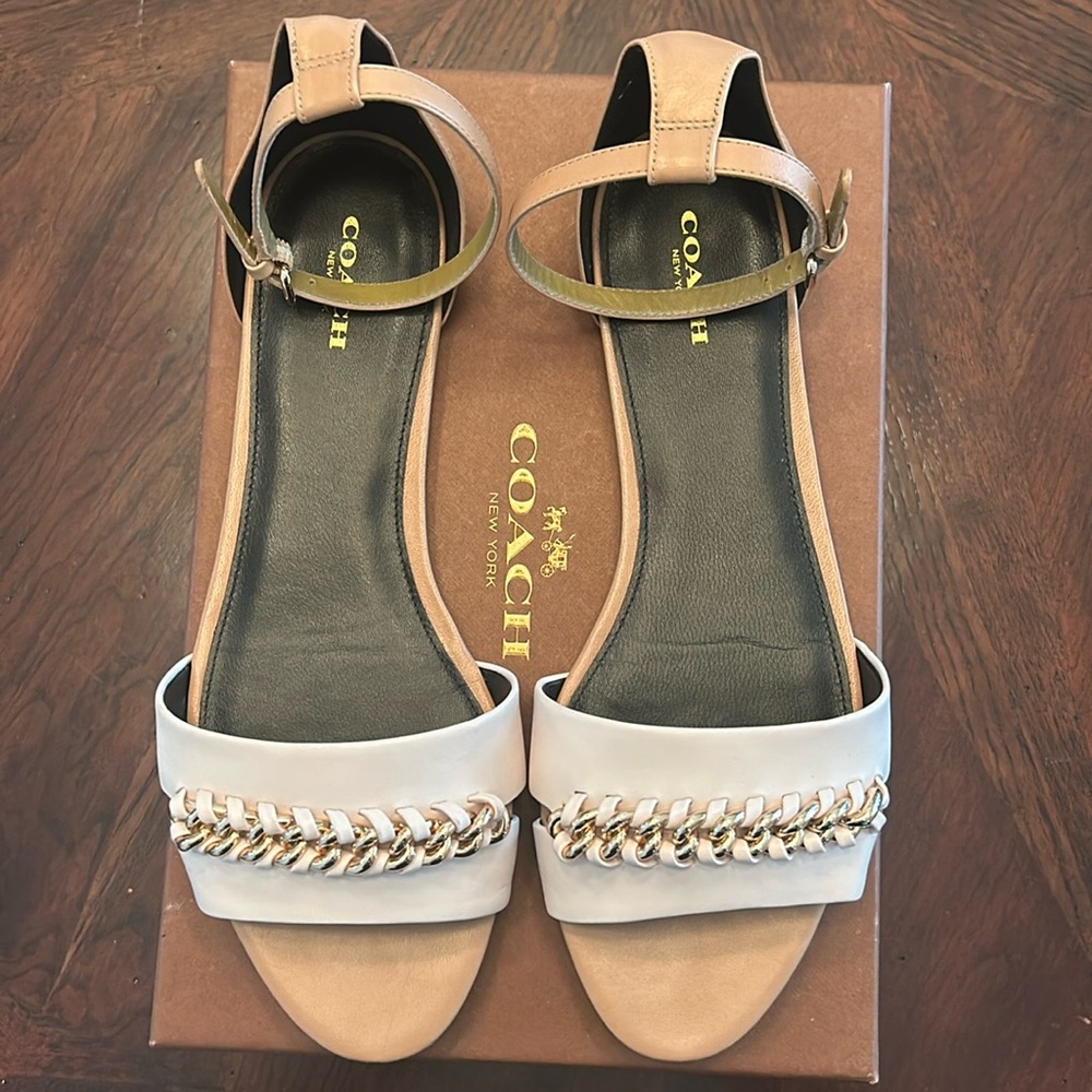 Coach Seabreeze Ankle Strap Sandal w/chain link detail. Leather shoe and sole.